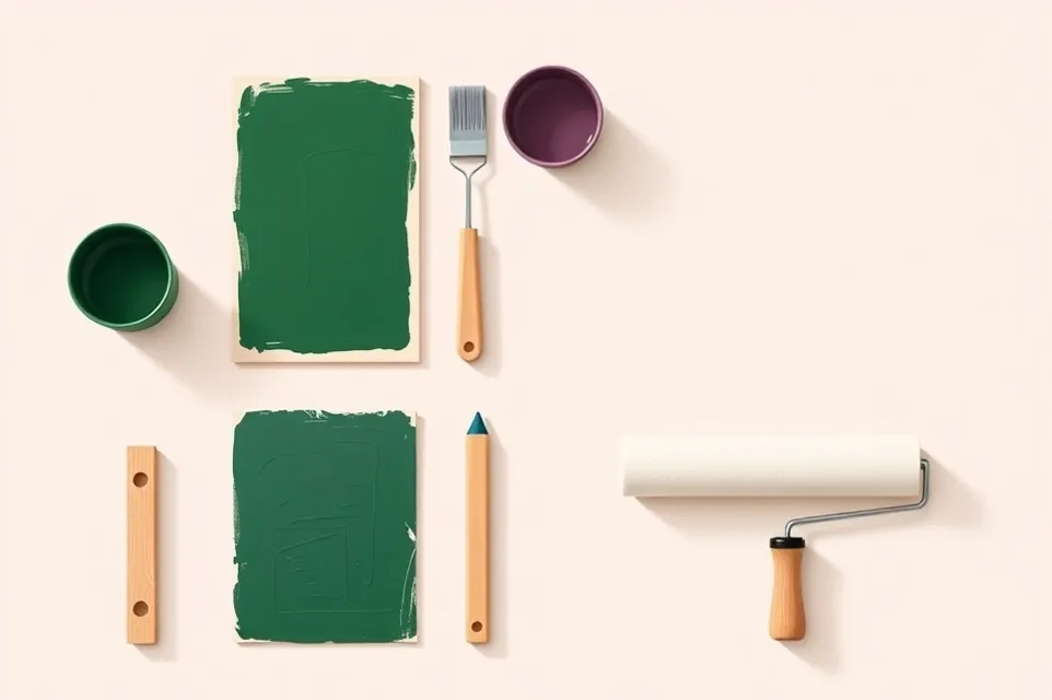 Outils de peinture disposés dans l'ordre des étapes du chantier