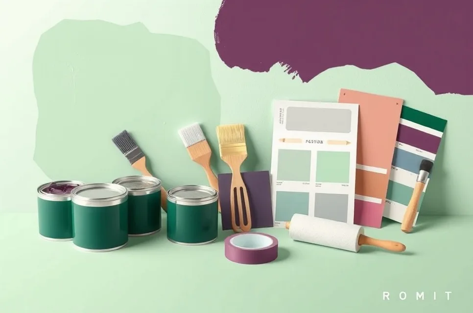 Pots de peinture, nuancier, brosses et rouleaux disposés à plat
