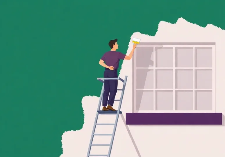 Peintre sur échafaudage traitant la façade d'une maison